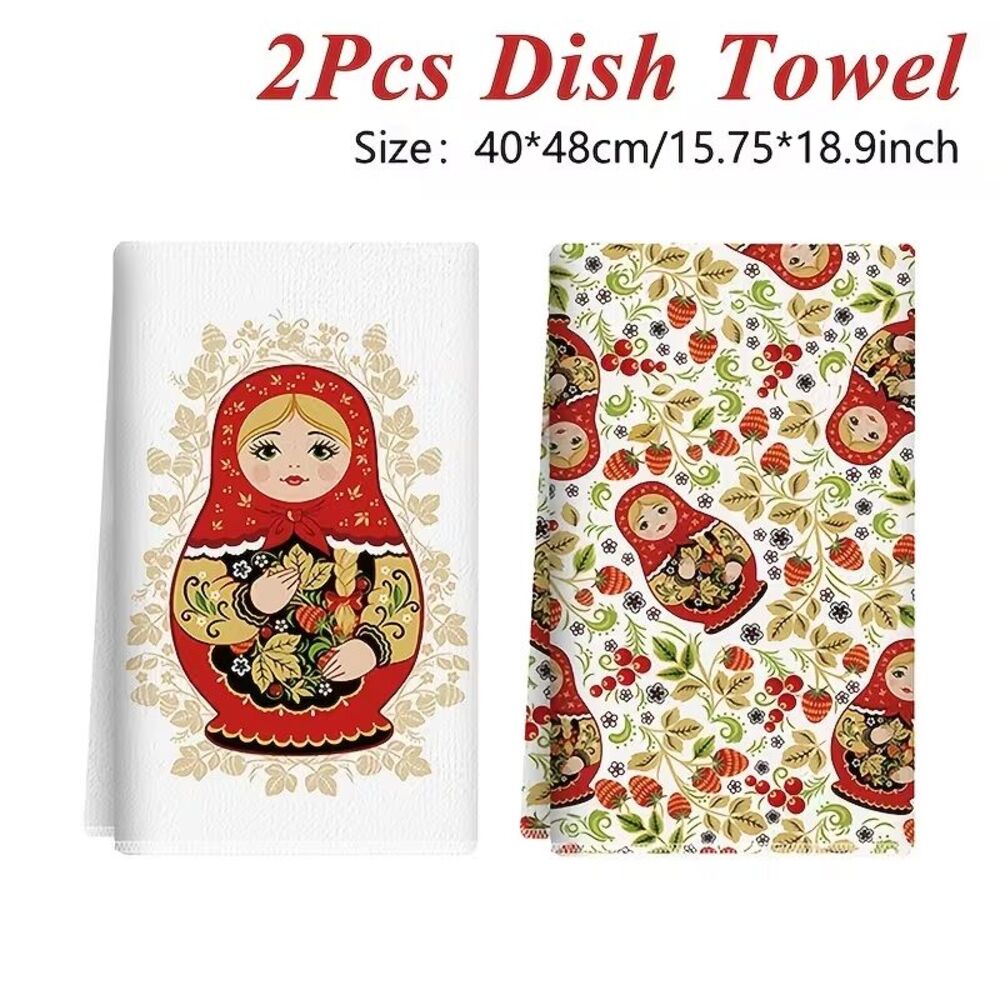 Russian Matryoshka Nesting Doll Microfiber Kitchen Towels Red Floral 2-Pc Gift